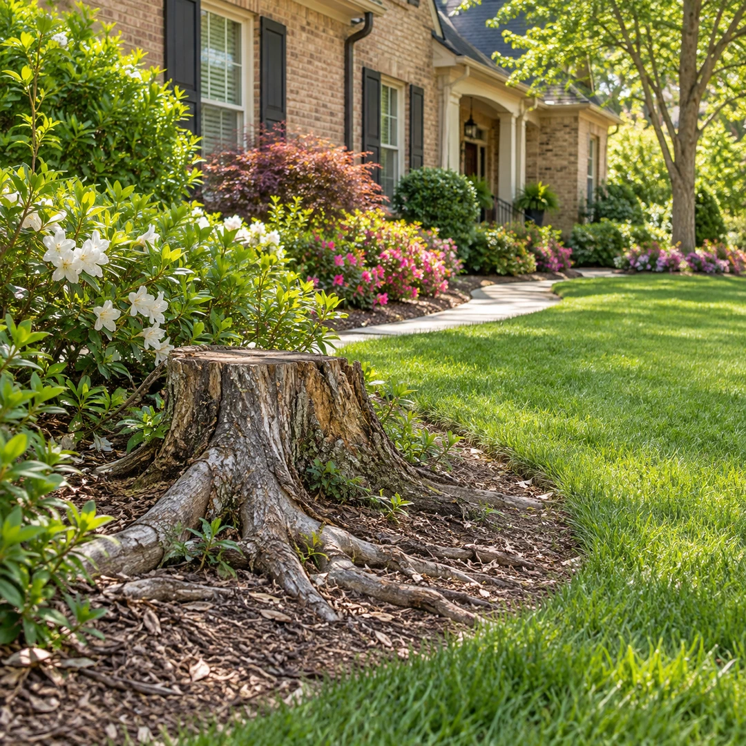 Old stump beside a residential garden bed