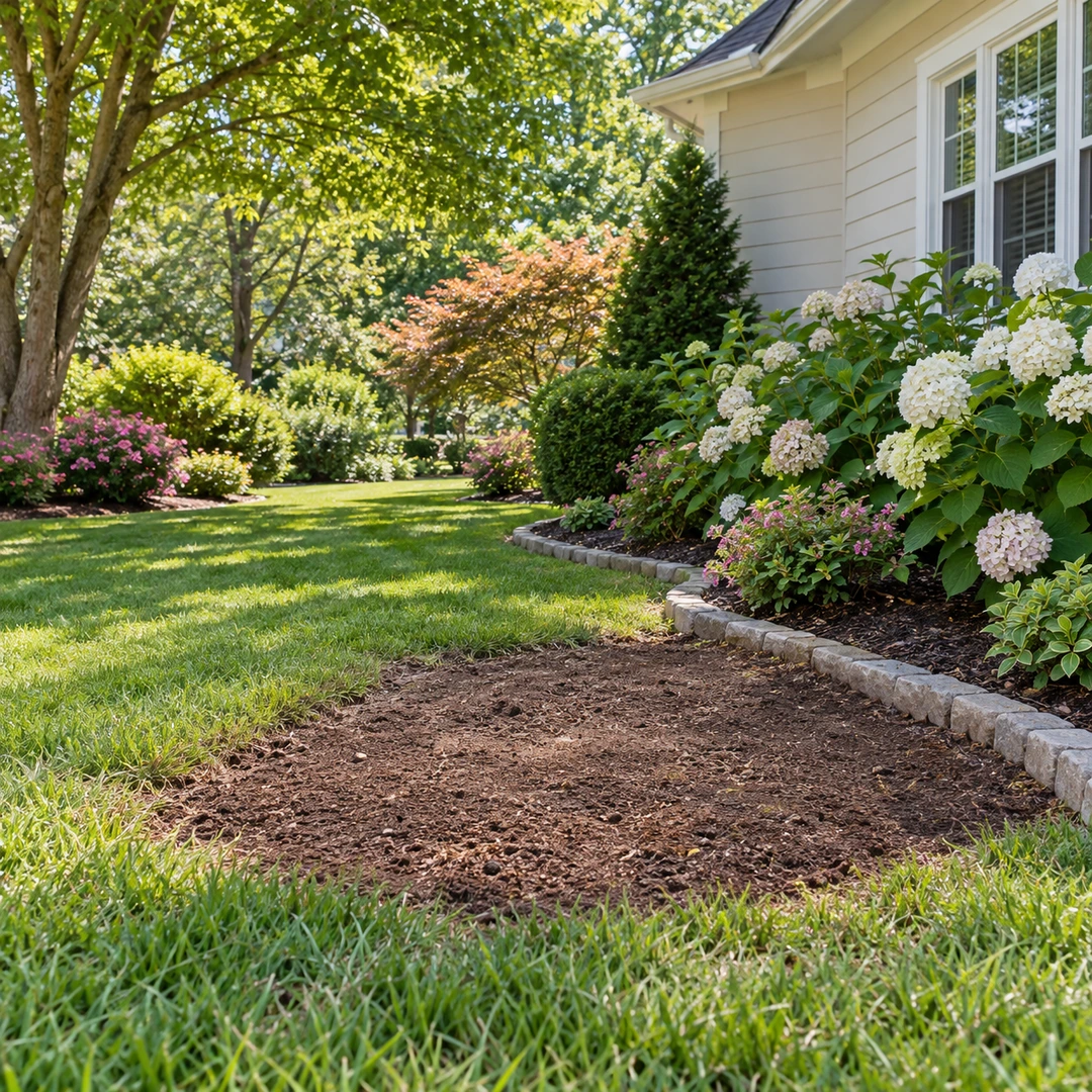 Level soil area beside a landscaped lawn after stump cleanup