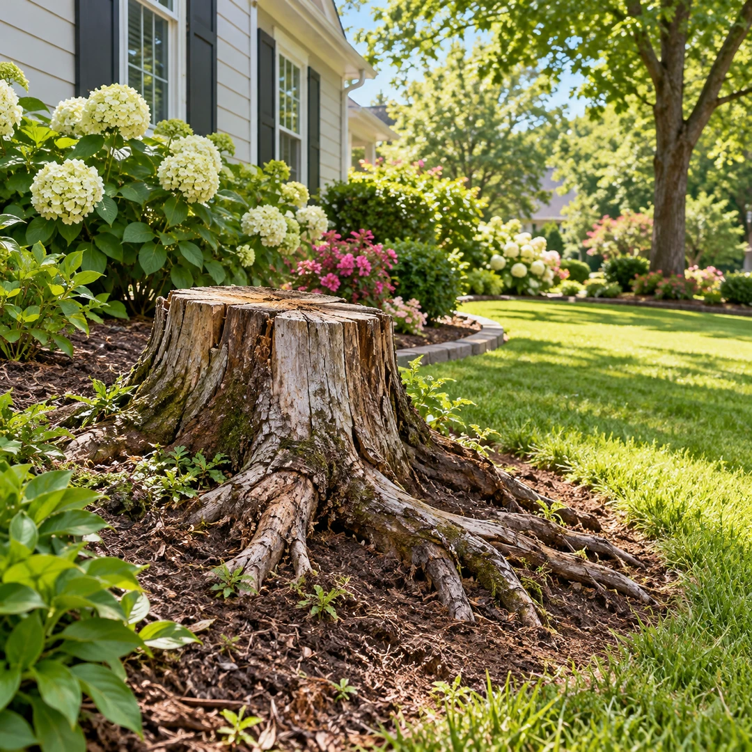 Old stump with exposed roots beside a garden bed