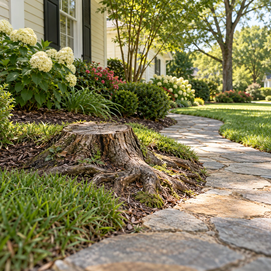 Stump and surface roots beside a stone path