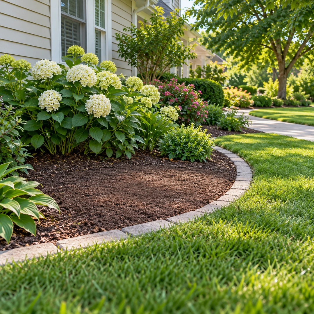 Clear lawn and garden path beside a level soil patch