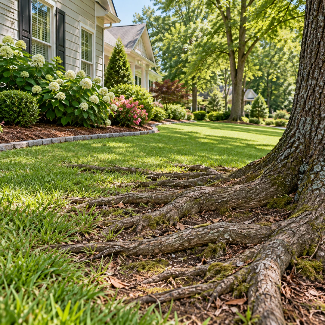 Raised roots near a garden border beneath a tree