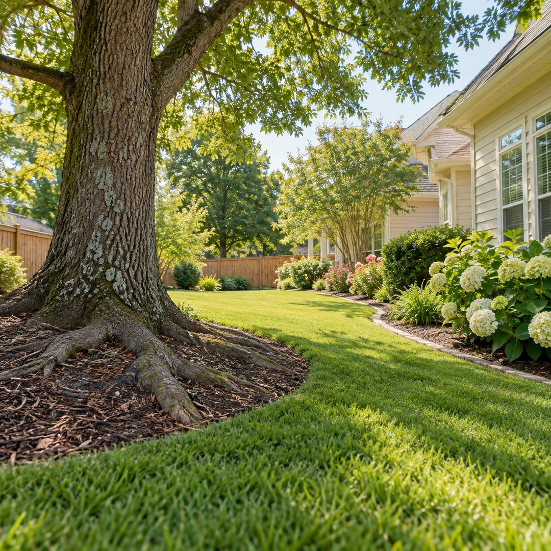 Surface roots beside an open residential lawn