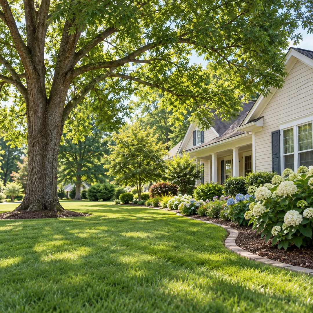 Healthy leafy shade tree beside a residential front yard