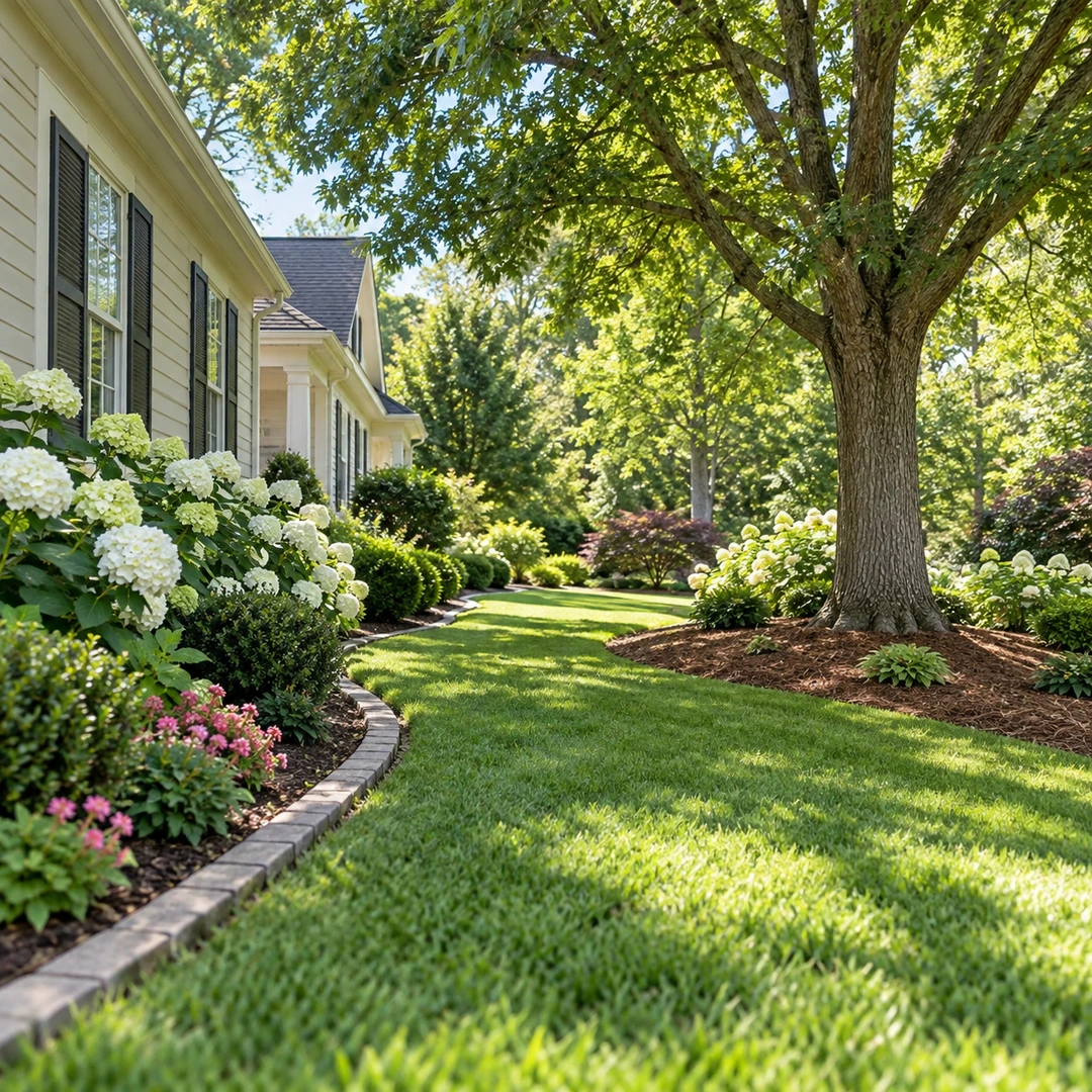 Clear lawn access beside a mature tree and garden path