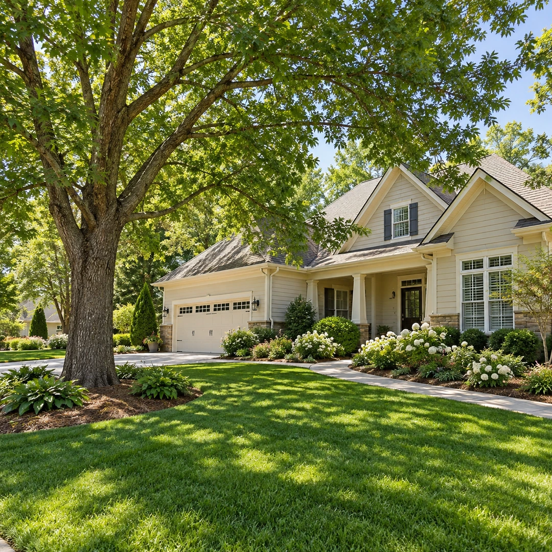 Mature shade tree beside a house and driveway