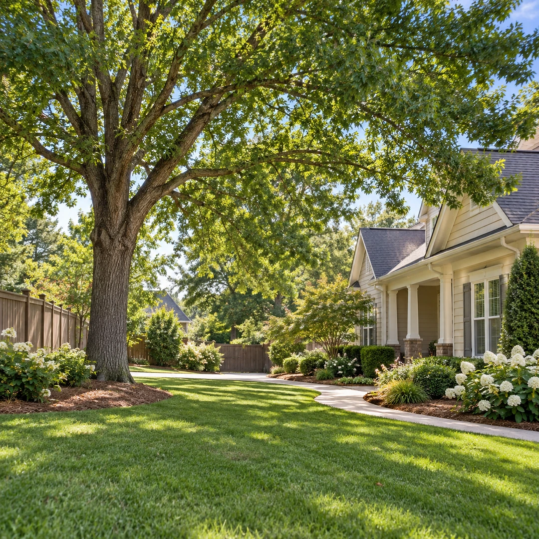 Mature leafy tree beside an open side lawn