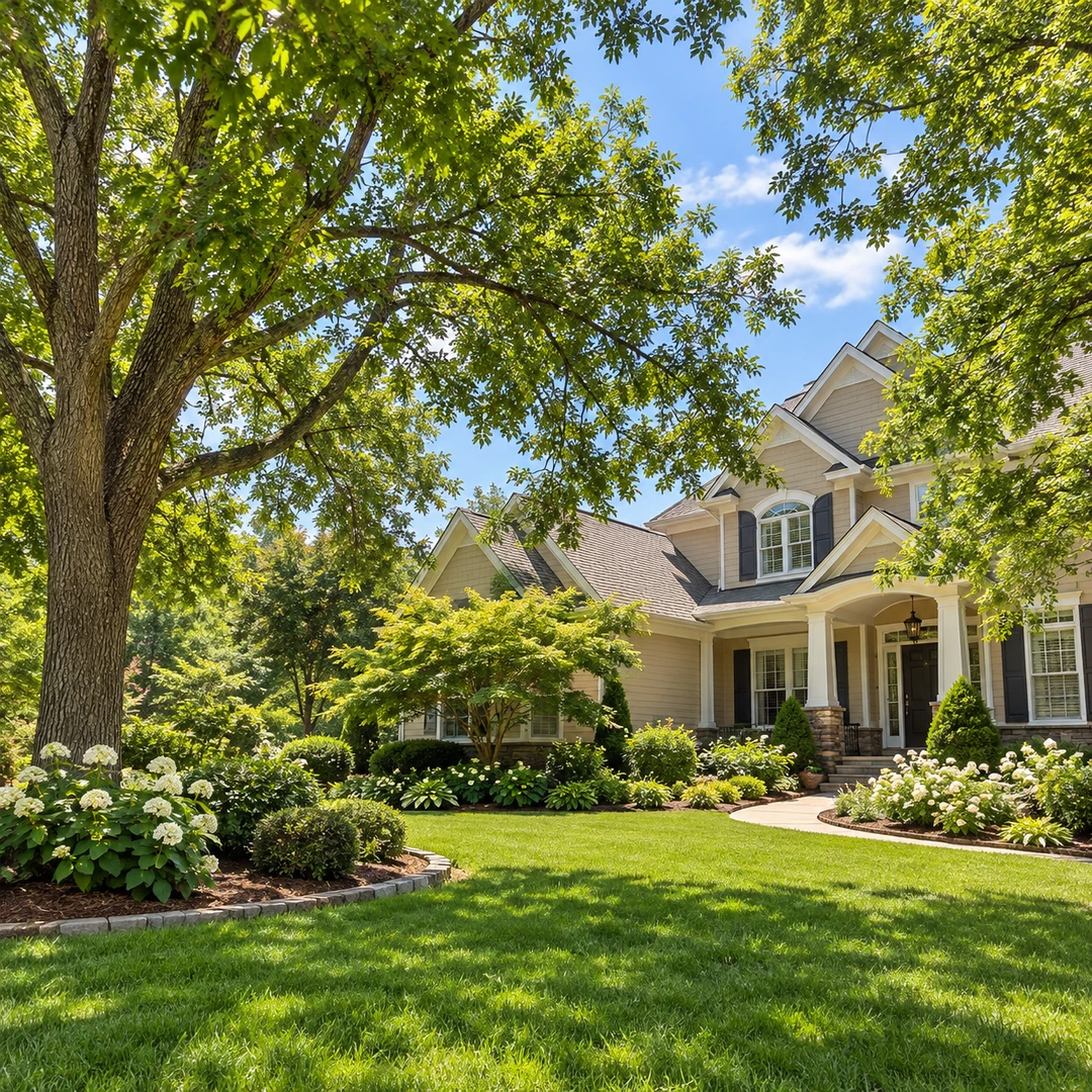 Intact canopy filtering sunlight over a residential lawn