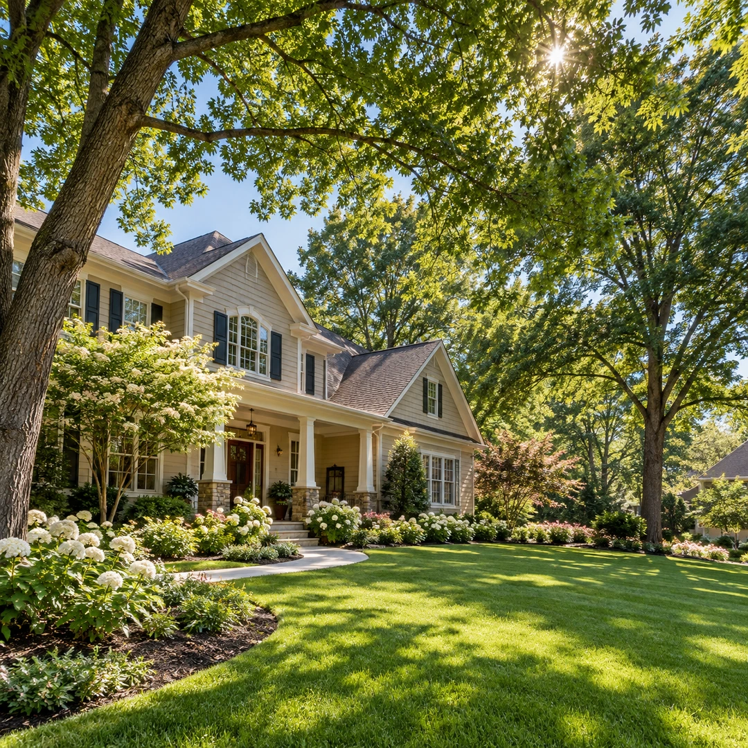 Open leafy canopy above a landscaped front yard