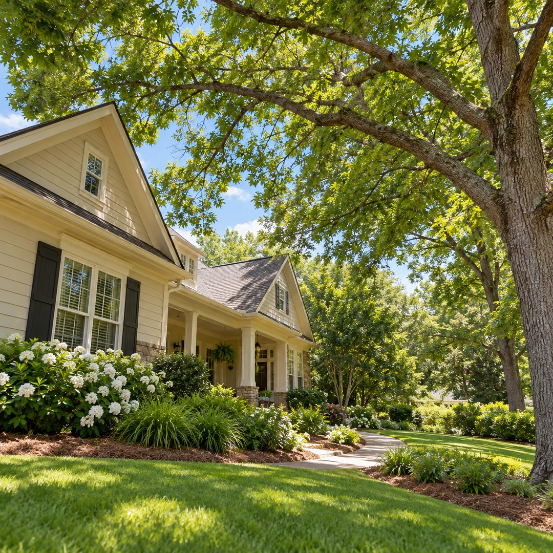Natural tree canopy above a lawn beside a house