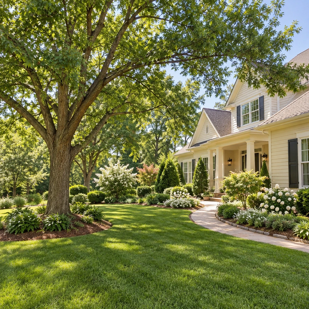 Healthy shade tree beside a curved residential garden path