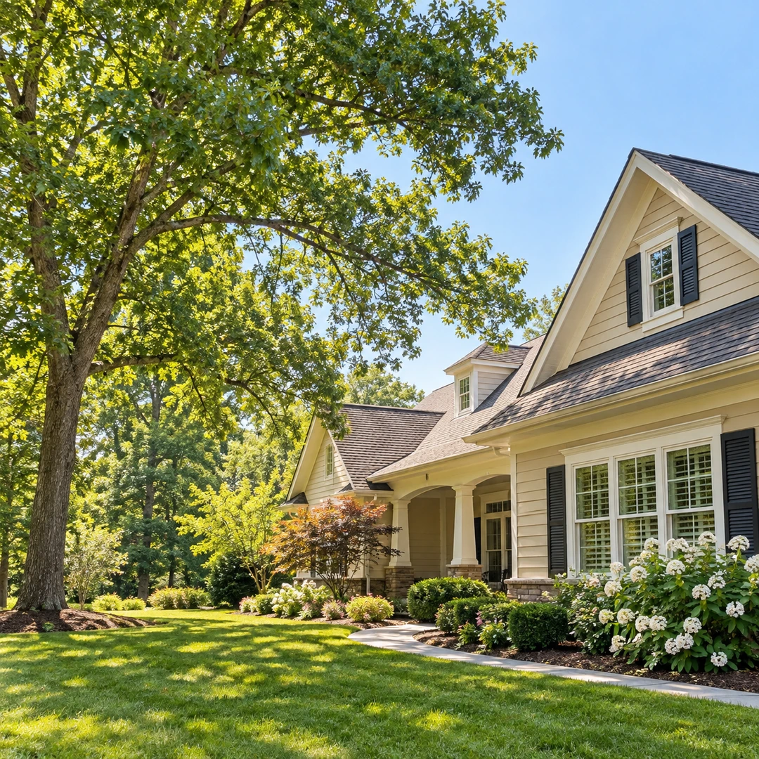 Tree branches beside a residential roofline