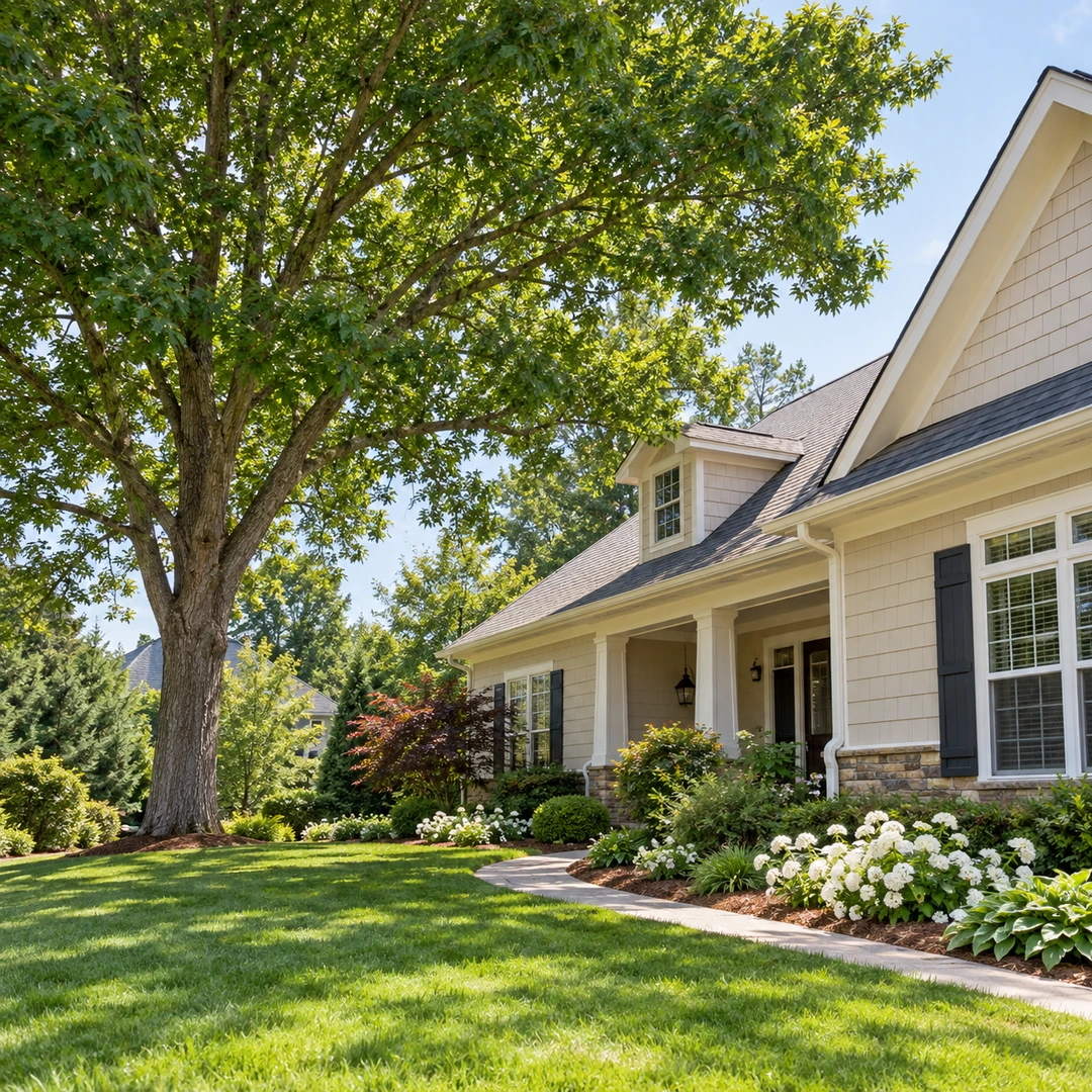 Tree canopy with open clearance beside a house
