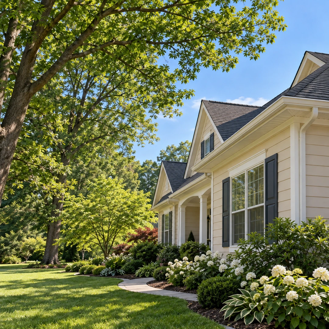 Leafy branches above a sloping house roof