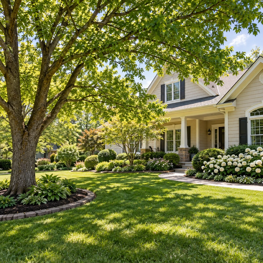 Healthy tree beside a landscaped garden and house