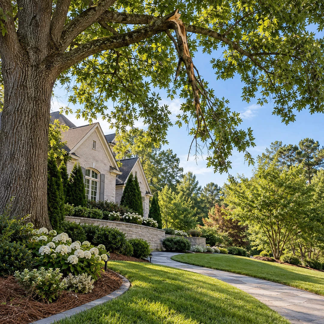 Damaged branch above a clear lawn beside a garden path