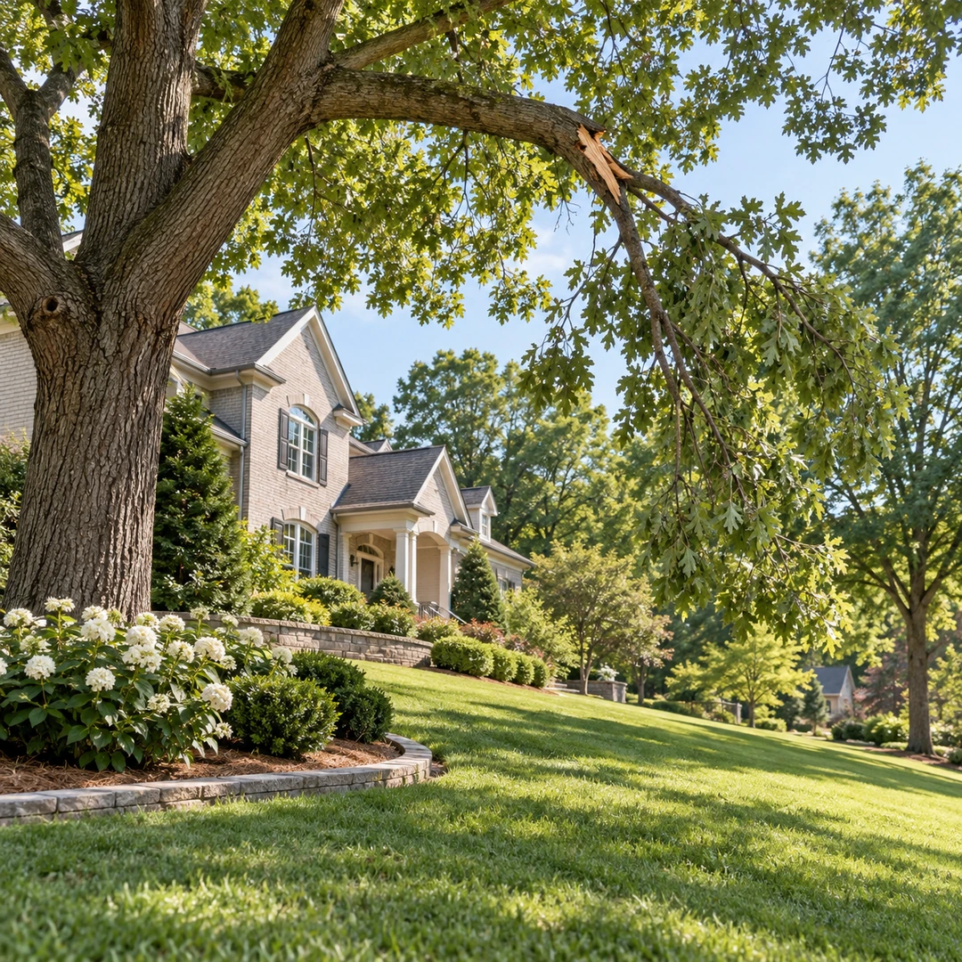 Broken hanging branch above an open residential lawn