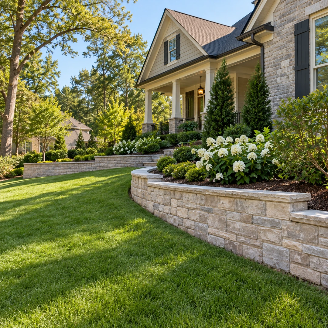 Retaining wall beneath a landscaped residential yard