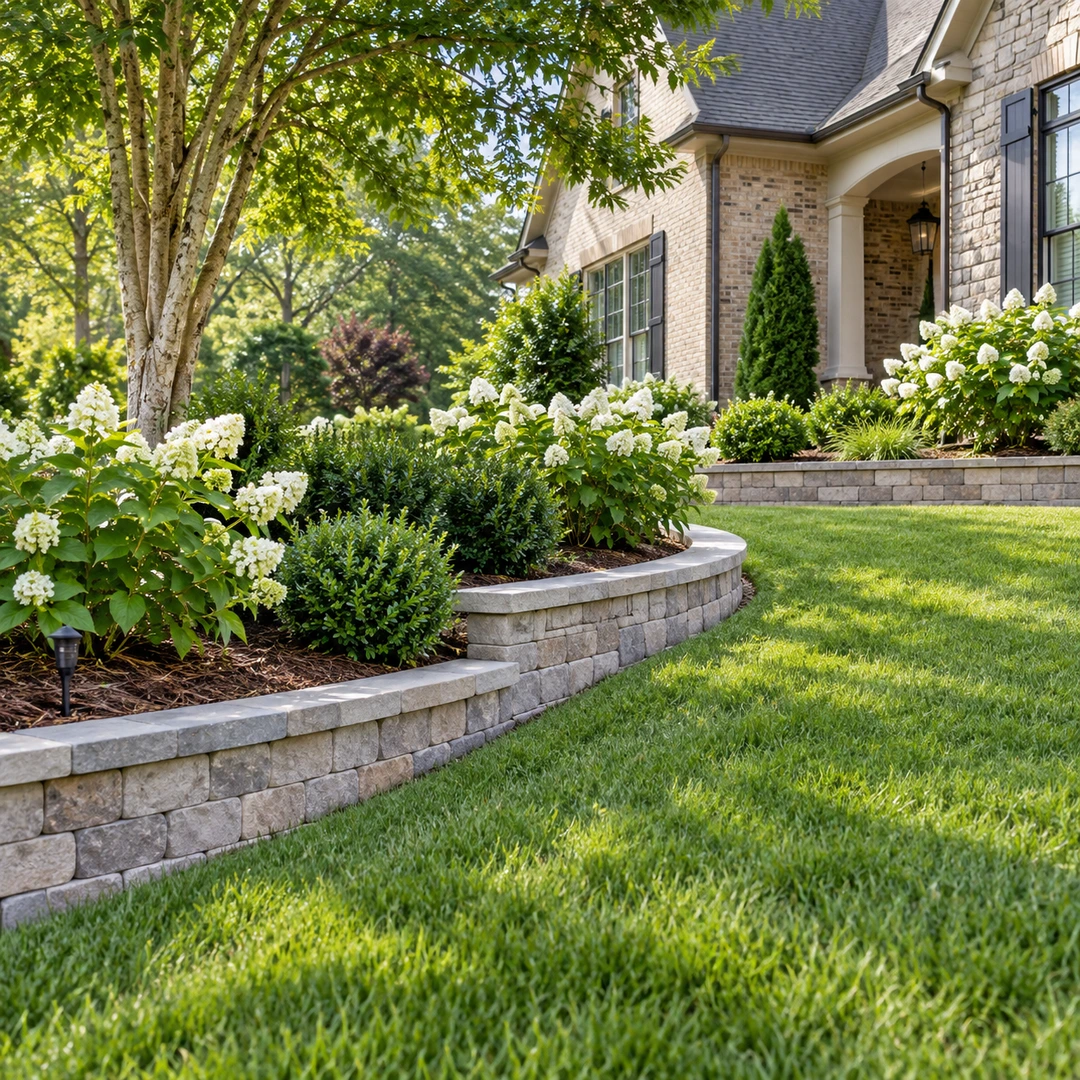 Low curved retaining wall supporting a garden bed