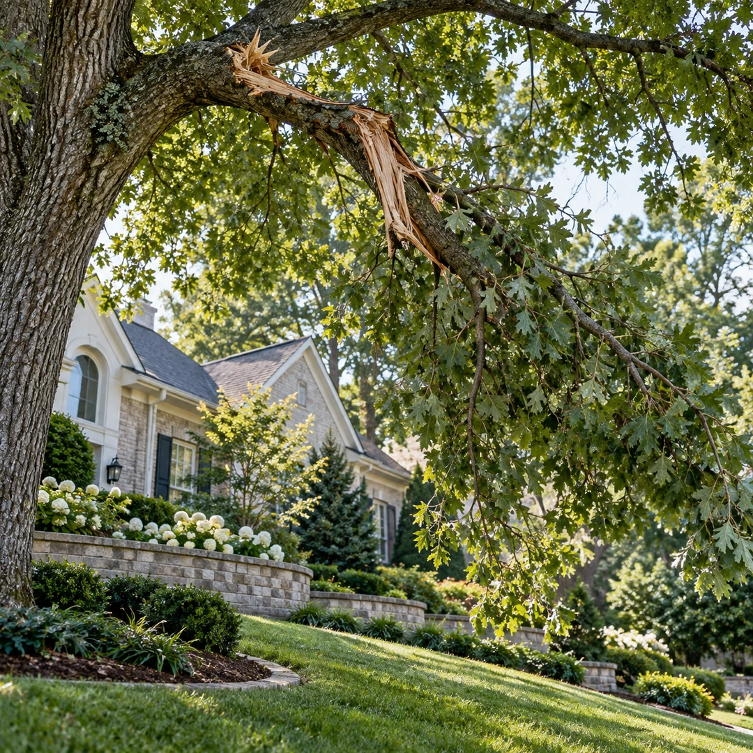 Splintered branch hanging from a mature tree
