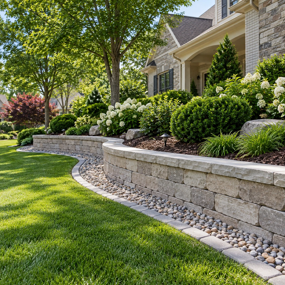 Curved retaining wall beside a green lawn and garden