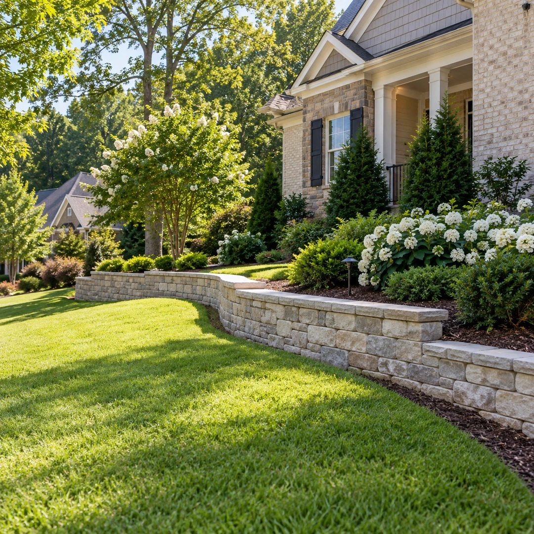 Retaining wall supporting a gently sloping yard
