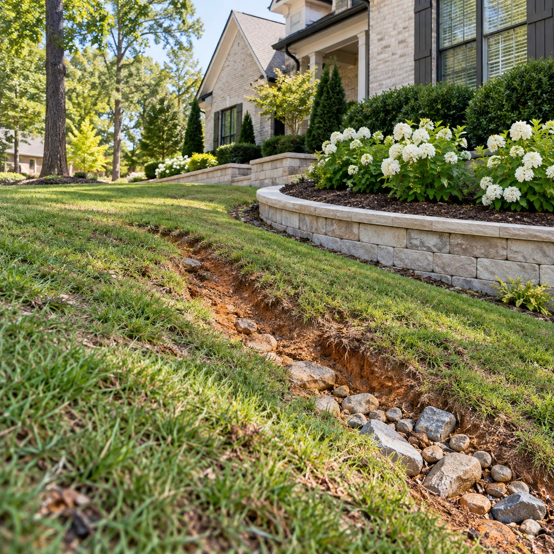 Eroded soil channel beside a sloping lawn and garden wall