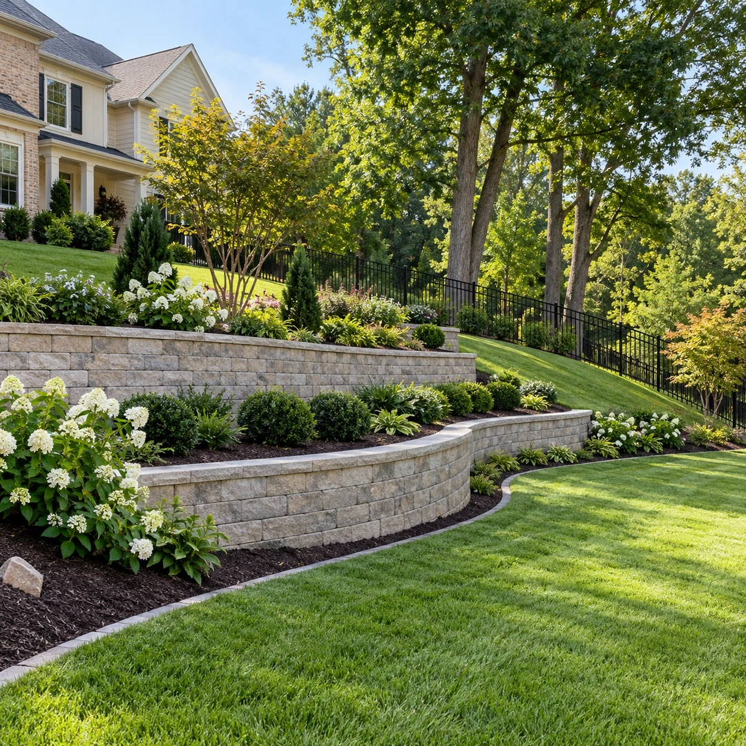 Terraced retaining wall beside a sloping garden lawn