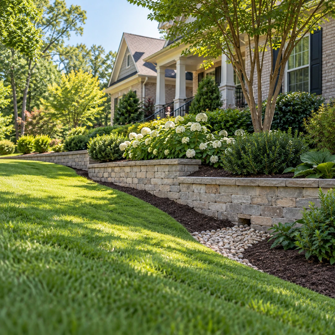 Low wall and drainage stones beside a residential slope