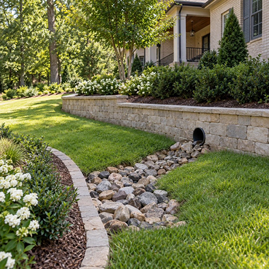 Open wall drain outlet leading into a stone receiving area