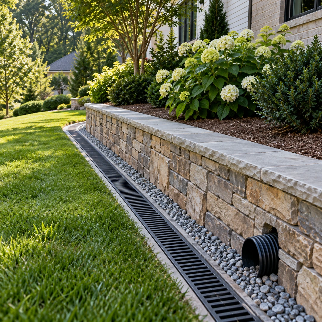 Surface channel drain beside a wall with a separate drainage outlet