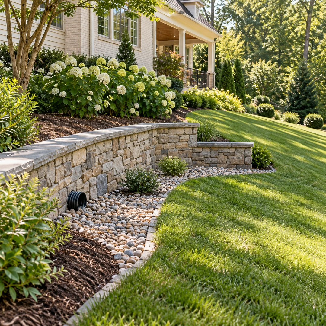 Stone drainage area beside a garden wall and sloping lawn