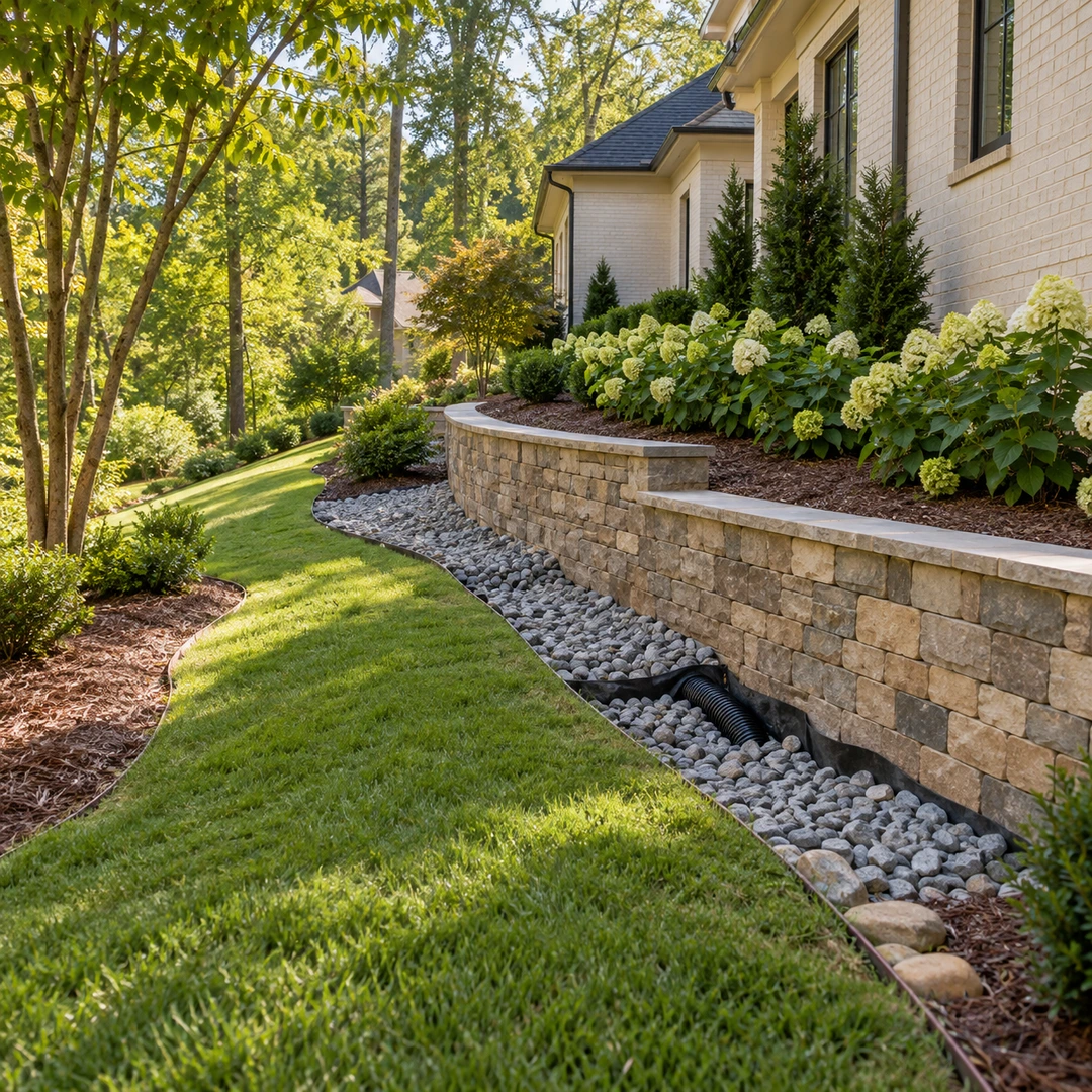 Retaining wall with gravel drainage beside a sloping lawn