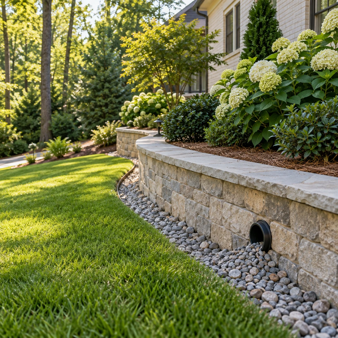 Retaining wall drain outlet above a gravel border