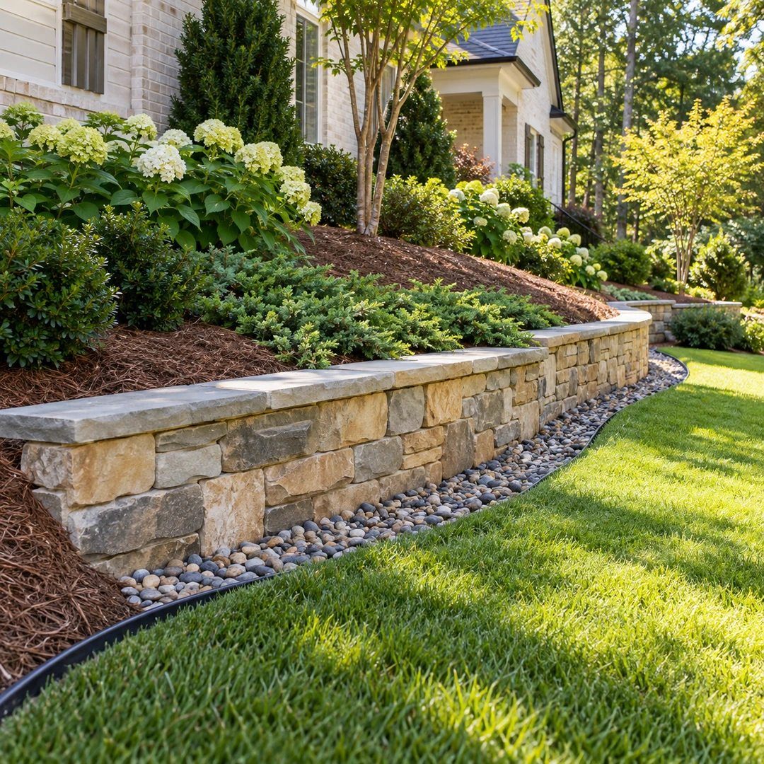 Groundcover above a finished wall beside a green lawn