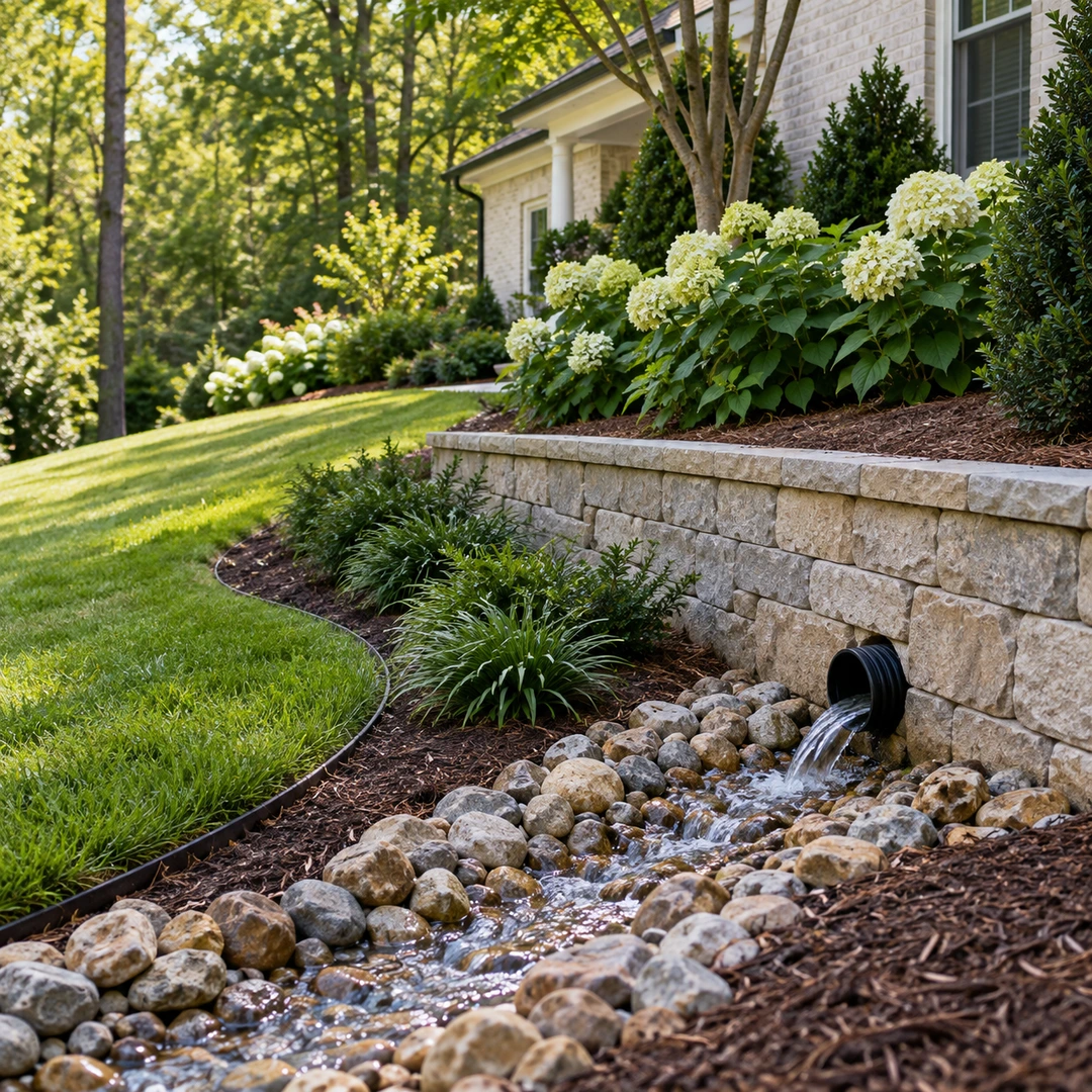Water flowing from a wall outlet through a stone channel