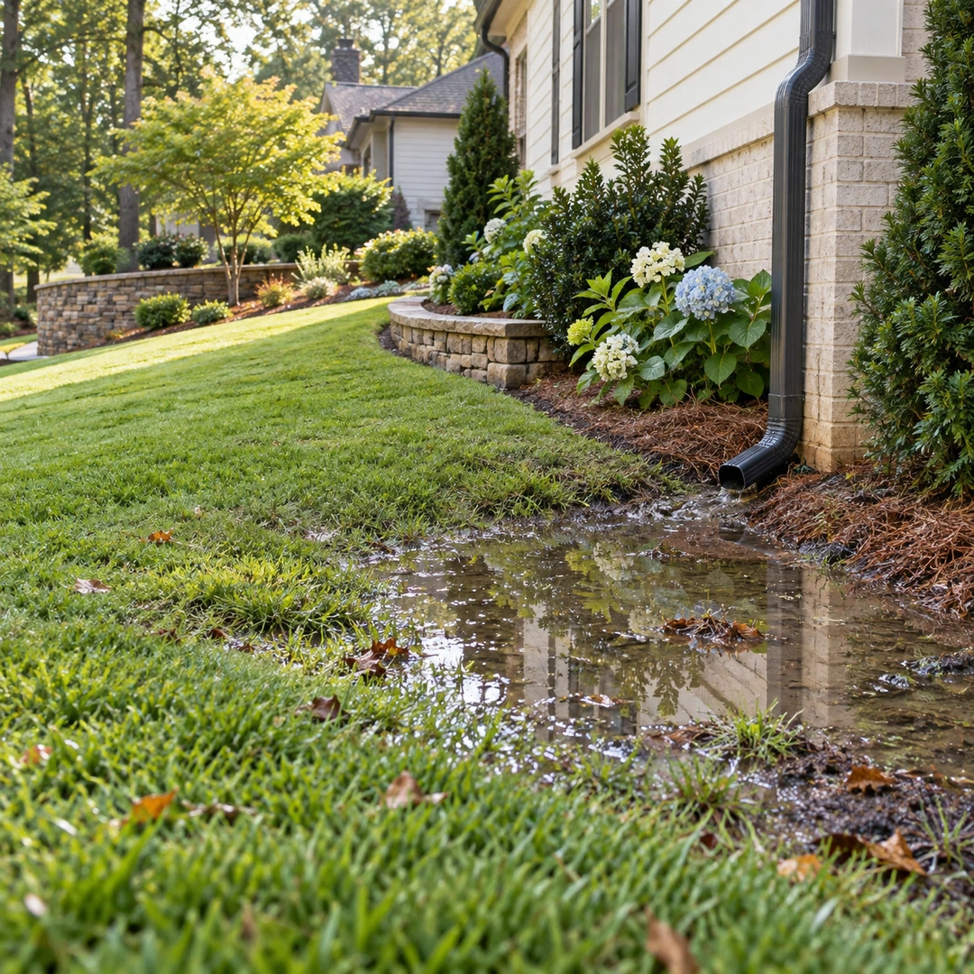 Standing water beside a downspout and sloping lawn