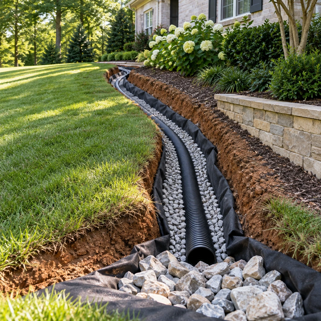 French drain trench with pipe and gravel lined with filter fabric