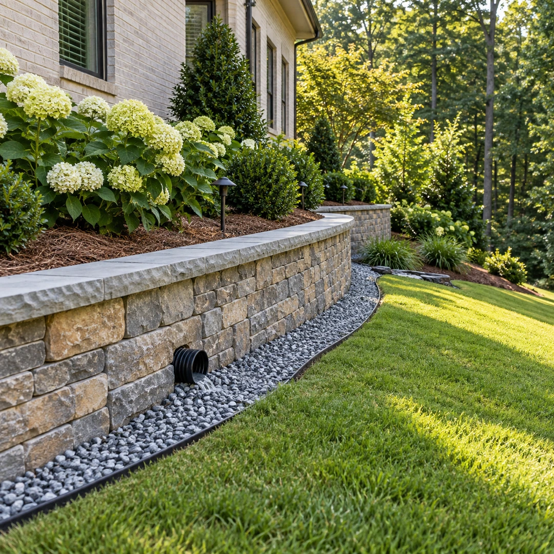 Clear wall outlet above a stone receiving area