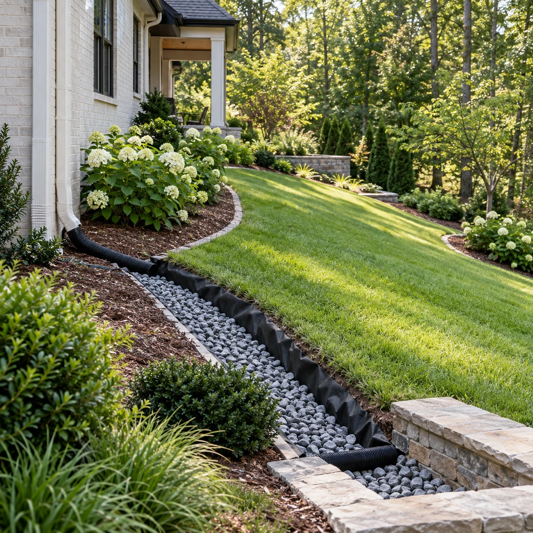 Downspout and gravel drainage trench beside a house