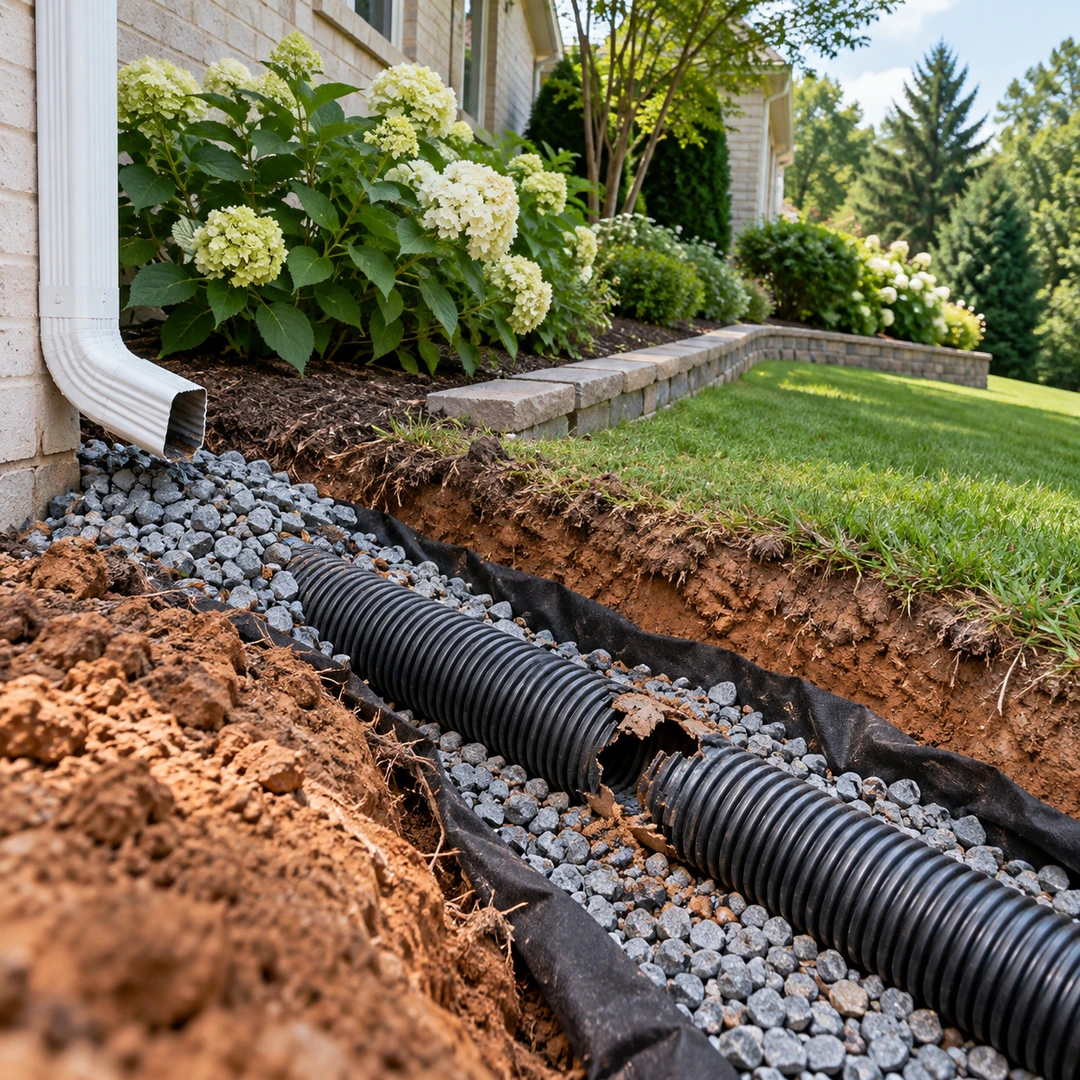 Damaged corrugated pipe exposed in a gravel trench