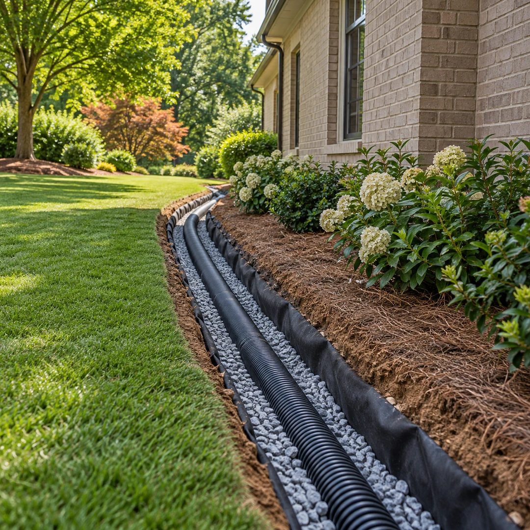 Exterior drainage trench with pipe and gravel beside a house