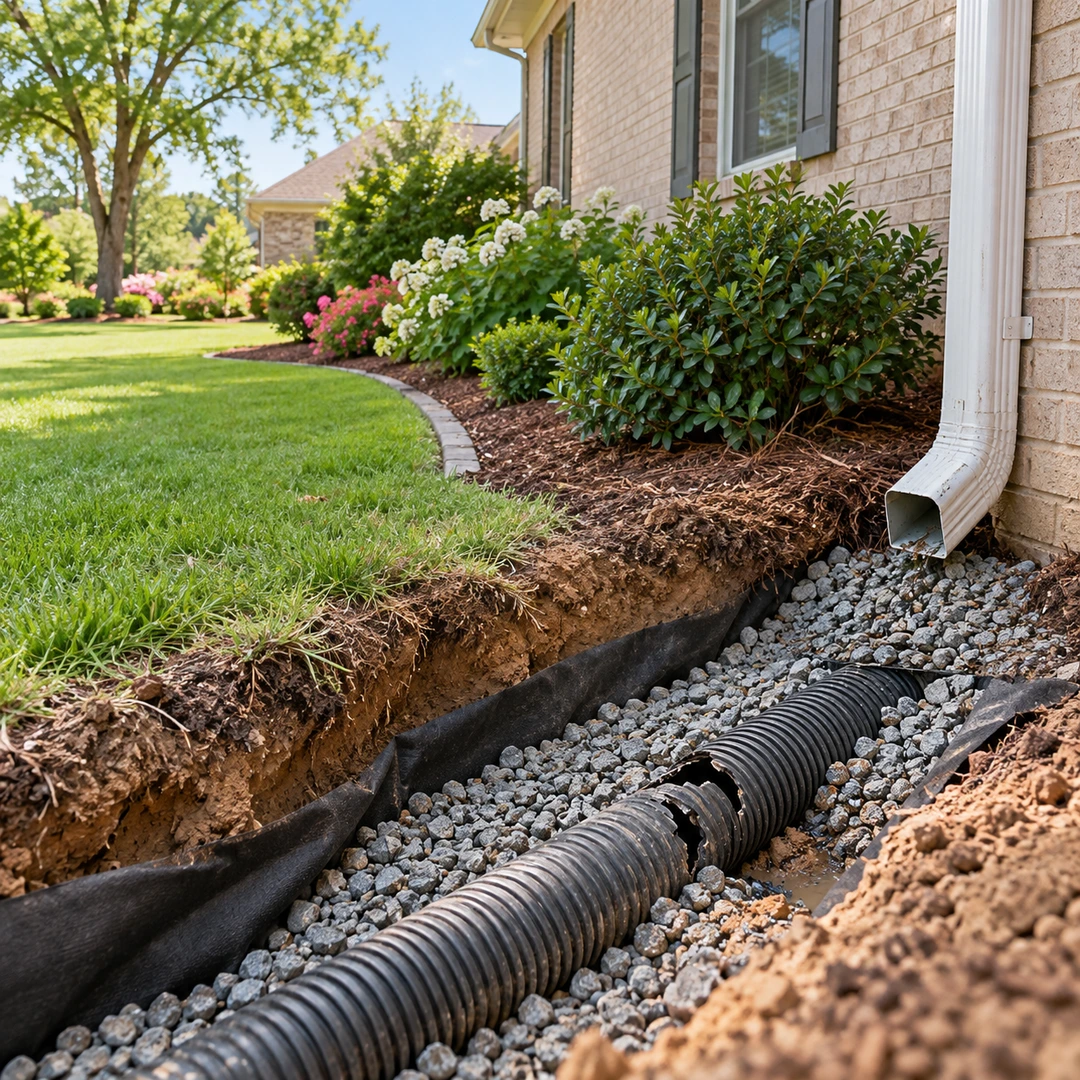 Damaged corrugated pipe exposed in a gravel trench beside a downspout