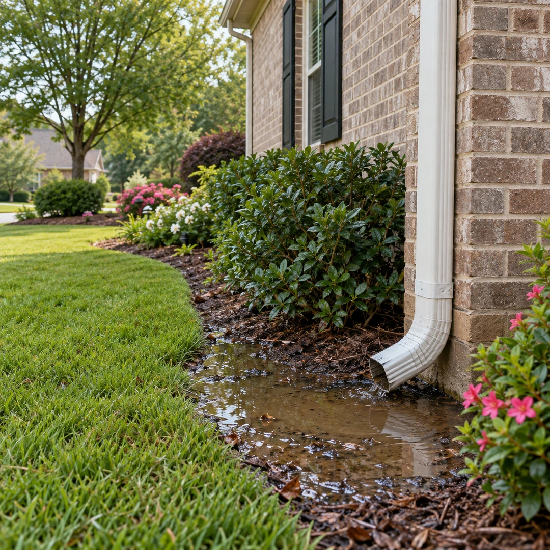 Water pooling beside a downspout at a brick foundation