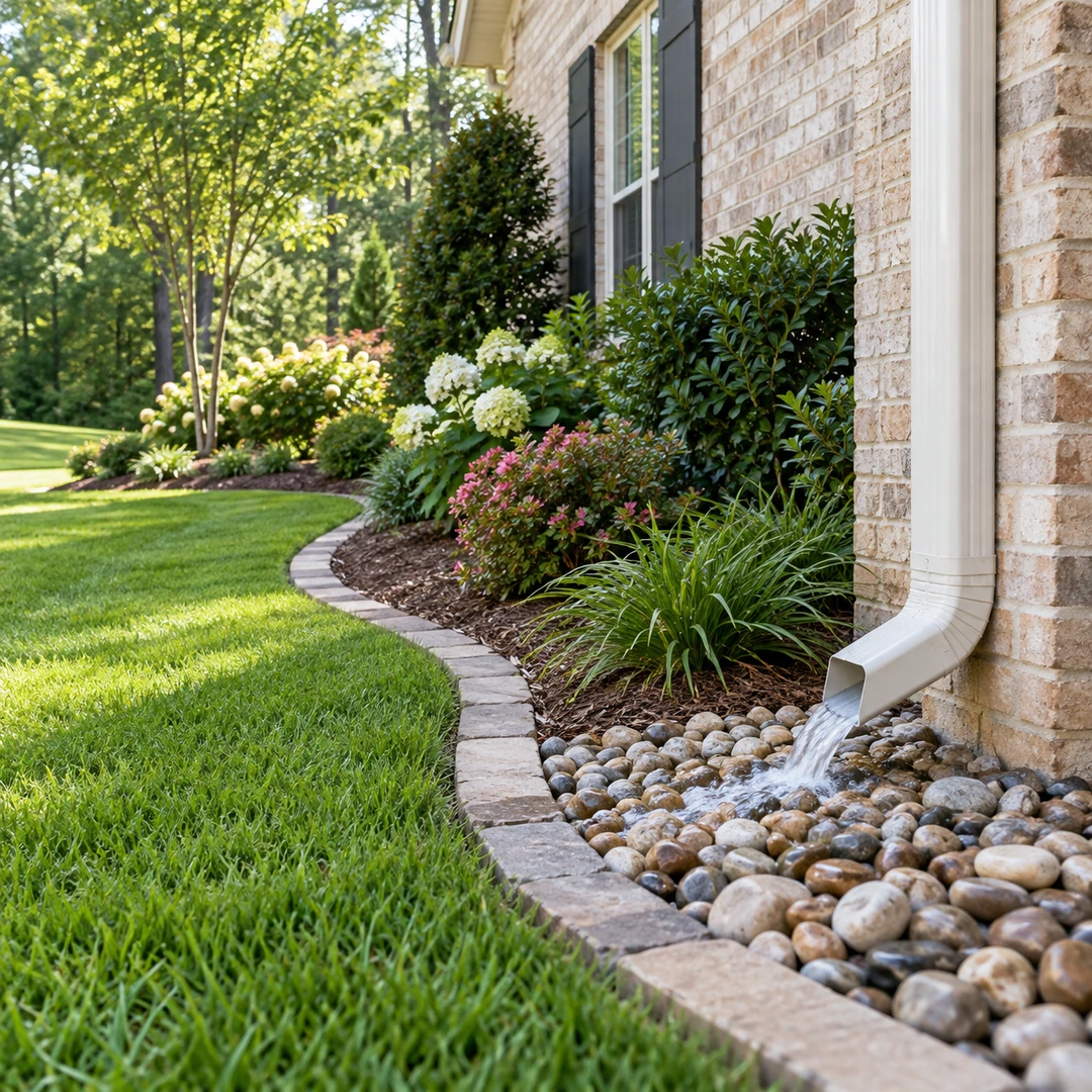 Downspout water flowing onto a stone splash bed beside a lawn