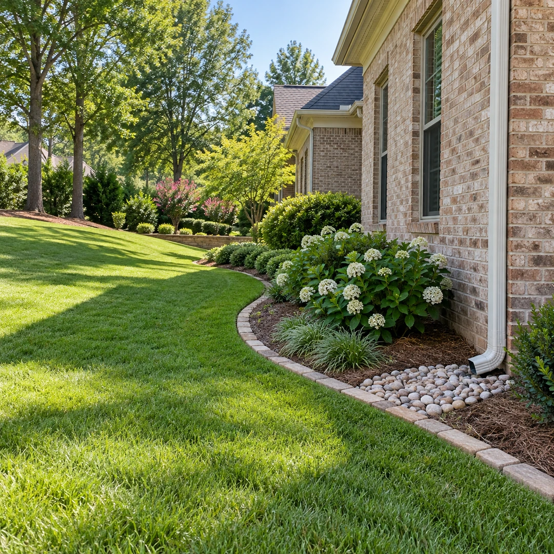 Stone receiving bed beside a downspout and sloping lawn