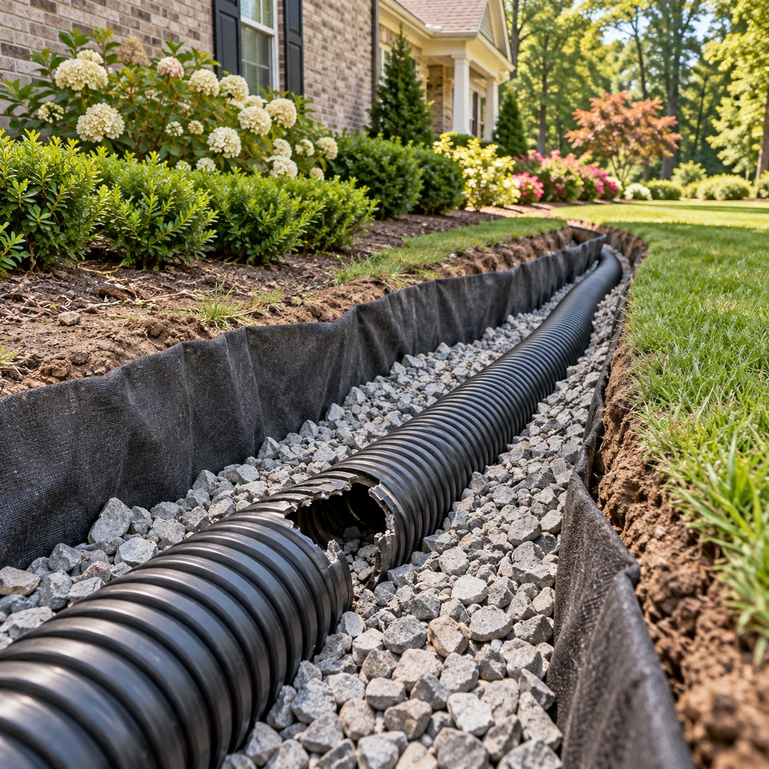 Split drain pipe in gravel lined with filter fabric