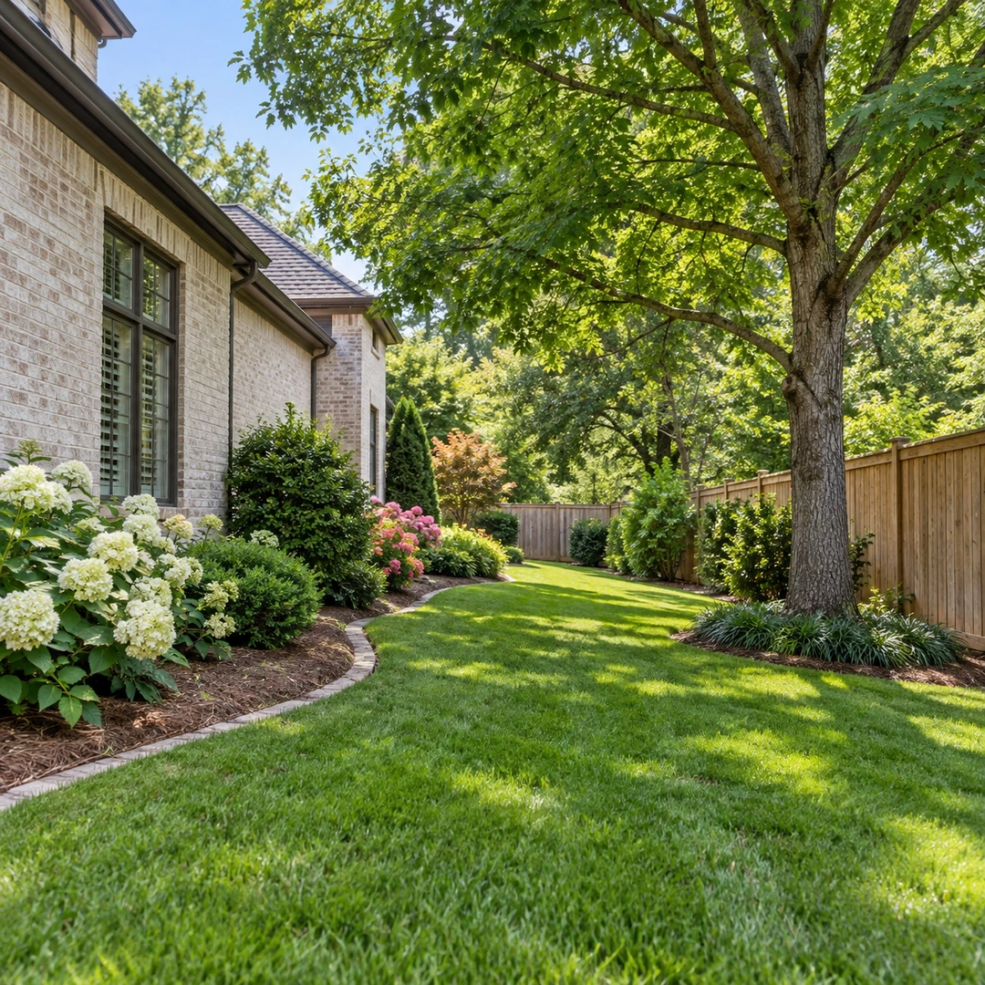 Open side lawn with a mature tree and wooden fence
