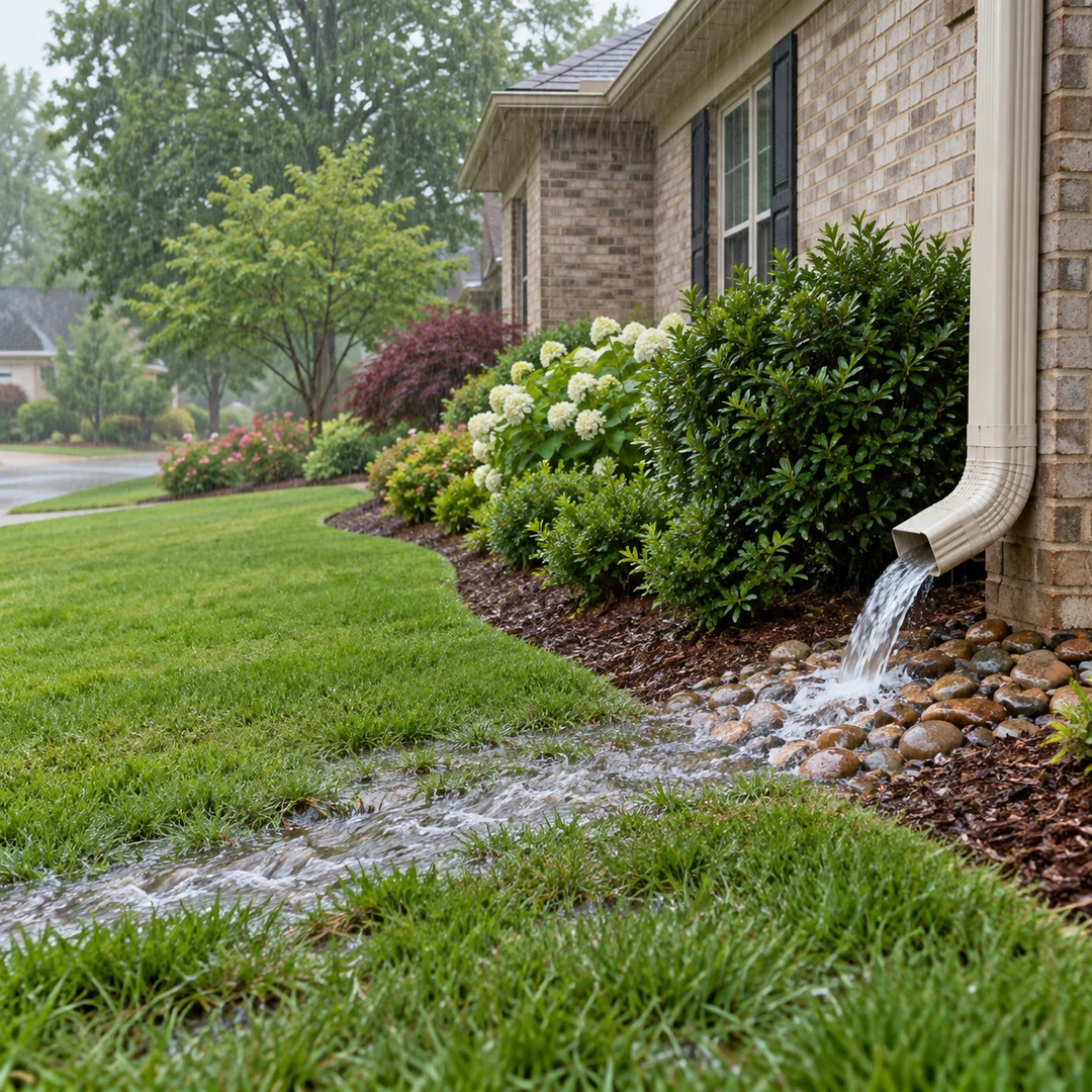 Water flowing through stones away from a downspout and house