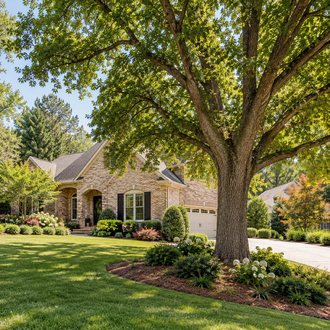 Mature healthy shade tree beside a brick house and driveway